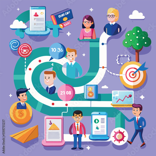 Colorful infographic visualizing business development with sales target progress tracking and customer interactions in a flat style.