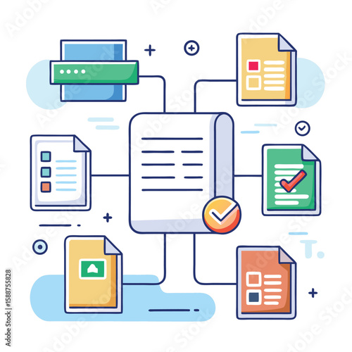 Conceptual illustration depicting the workflow of documents and a system of processing information visually and step-by-step