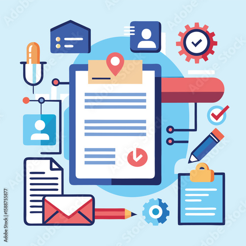 Conceptual illustration of a comprehensive business plan design with step-by-step workflows and related elements