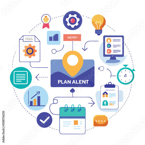 Conceptual illustration showcasing step-by-step workflows related to business strategies and project planning in a clear and attractive flat style.