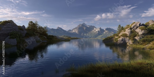 Fototapeta Naklejka Na Ścianę i Meble -  Panoramic 360 degrees hdr landscape of tranquil lake and mountains nature environment hdri