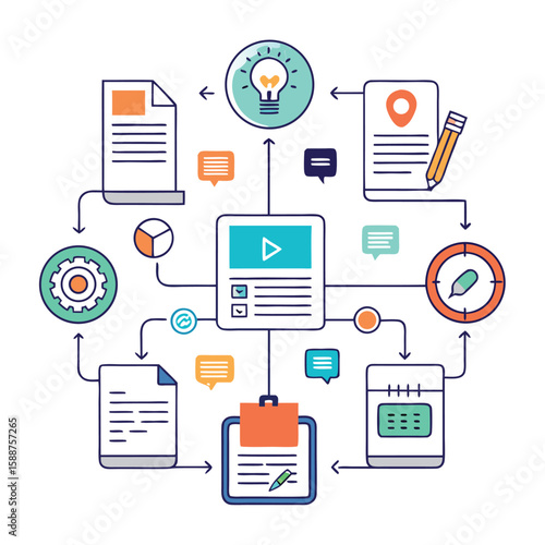 Diagram depicting various steps of a business process or project management with a focus on step-by-step workflows