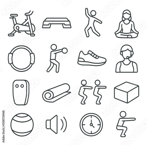 Fitness class icon collection. simple gym, yoga, dance, aerobics, cycling, exercise vector icons.