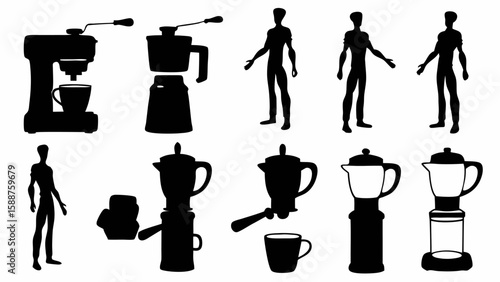 Illustration showing silhouettes of coffee makers and human figures in a simple black and white design style