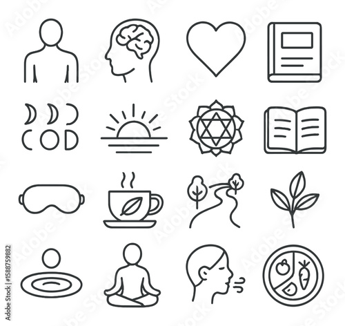 Holistic wellness icon collection: simple linear icons for meditation, yoga, health, mindfulness