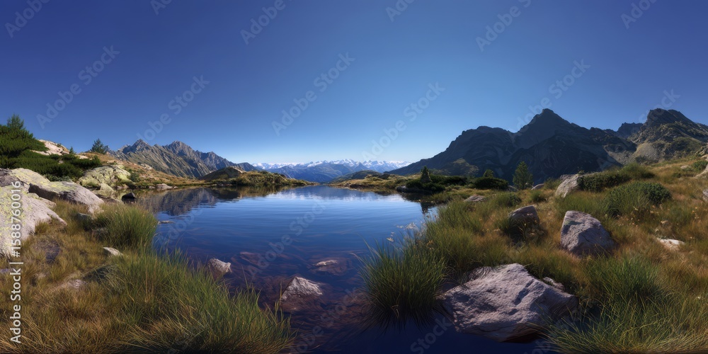 Stunning 360-degree hdr panorama of serene mountain lake nature vibrant landscape clear sky Stunning 360-degree hdr panorama of serene mountain lake nature vibrant landscape clear sky