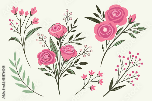 Collection of delicate pink roses and greenery with berries