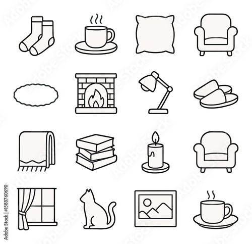 Cozy home icon collection. simple home comforts: armchair, pillow, coffee, cat, lamp vector icons