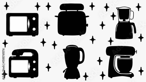 Illustration of kitchen appliances including a microwave toaster blender and stand mixer with stars