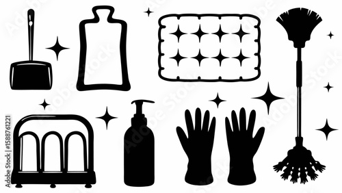 Illustration of cleaning supplies including a duster gloves and spray bottle on a white background