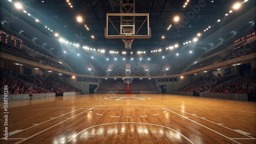 Illuminated basketball arena with packed stands and polished wooden court