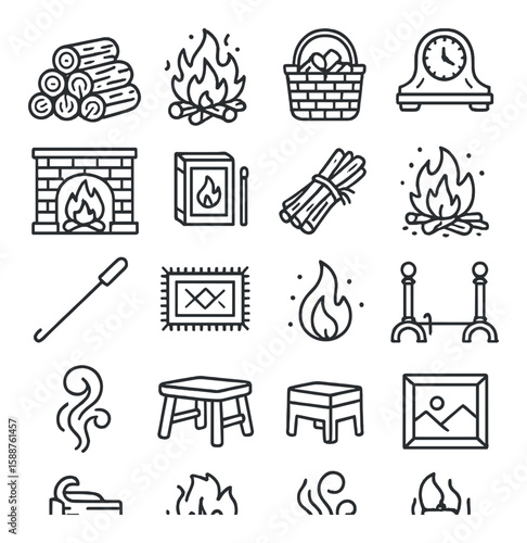 Wallpaper Mural Cozy fireplace icon collection. home warmth linear hearths. fireplace, logs, basket, clock, match, flames vector icons. Torontodigital.ca