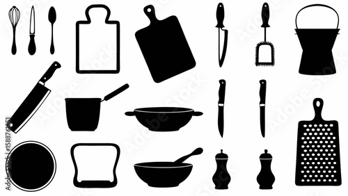 A collection of kitchen utensils including knives, cutting boards, pots, and other cooking equipment items