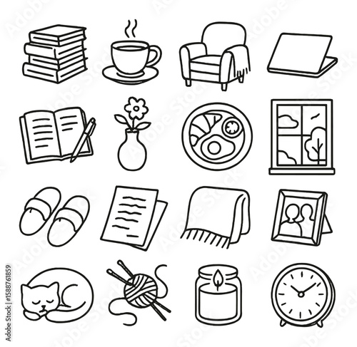 Quiet weekend retreat icon collection: relaxed living linear icons. chair, book, tea, cat, clock, candle vector icons.