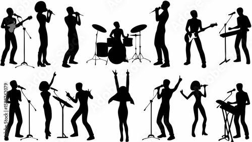 Silhouette illustration of a musical band performing on stage with various instruments and vocalists shown