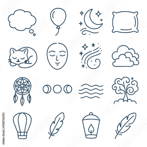 Dreamy night icon collection. simple linear dreams, moon, pillow, cloud, tree vector icons