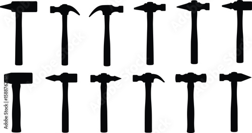 Diverse Hammer Silhouettes Collection: Essential Hand Tools for Construction, Carpentry & DIY Projects - Vector Icon Set.