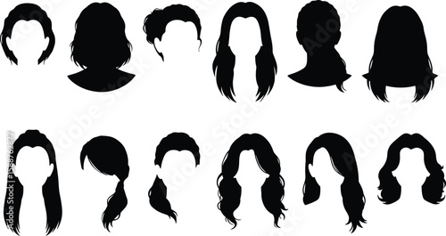Black Hair & Head Silhouettes: Diverse Female Hairstyles, Wigs & Cuts for Fashion, Beauty & Character Design – Vector Graphics.