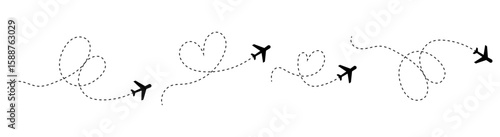 Abstract illustration of airplanes flying along dashed line paths, creating heart shapes, symbolizing love, journey, and destination. Perfect for travel and romance designs.