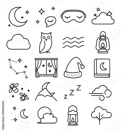 Dreamy night icon collection: simple linear moon, stars, owl, cloud, lantern, sleep hat vector icons