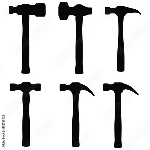 Black Hammer Tool Set: Claw, Ball-Peen & Sledgehammer Silhouettes for Construction, Carpentry, DIY & Renovation Projects.
