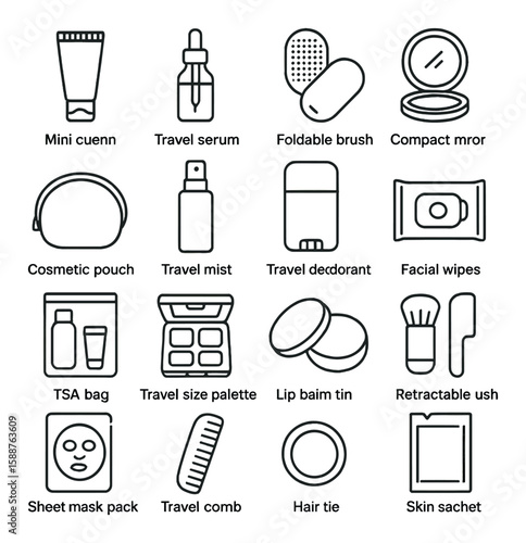 Beauty travel essentials icon collection. simple travel serum, compact mirror, tsa bag vector icons.