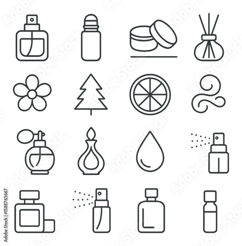 Perfume icon collection. simple fragrance, aroma, spray, bottle, essence, diffuser vector icons