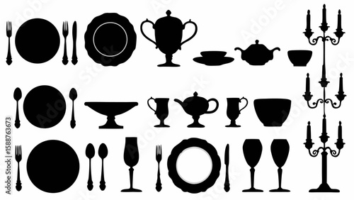 Silhouette illustration of a formal dining table setting with tableware and candelabra elements design