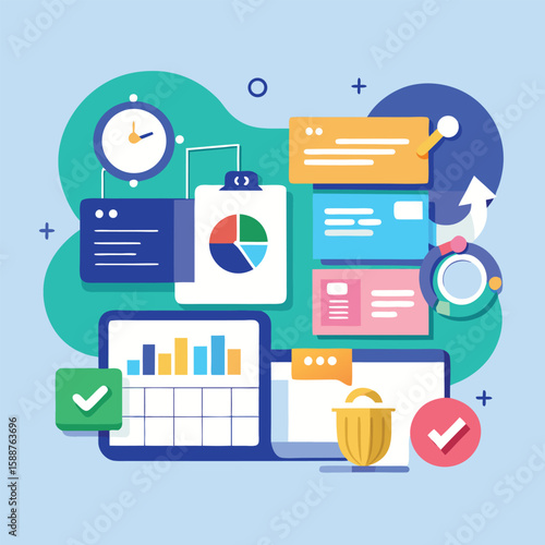 Visual representation of workflow management featuring charts diagrams time clock and the side-by-side feature comparison elements.
