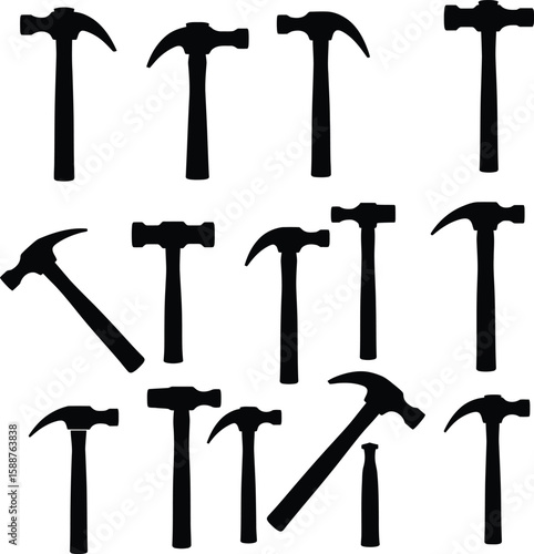 Black Hammer & Tool Silhouettes Collection: Various Angles & Types for Construction, Carpentry, DIY & Repair Projects – Vector Icons.