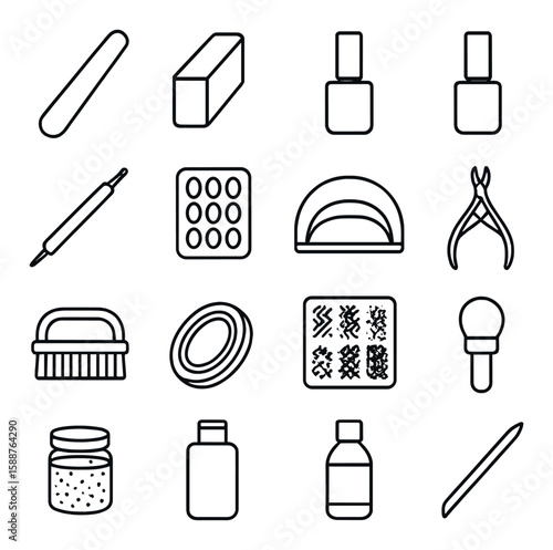Nail art essentials icon collection. manicure, polish, file, brush, cuticle, buffer simple vector icons