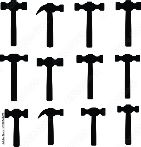 Black Hammer Tool Icons Set: Various Types for Construction, Carpentry, DIY & Home Renovation Projects – Vector Graphics.