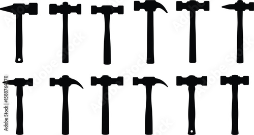 Black Hammer & Mallet Silhouettes: Various Tool Types for Construction, Carpentry, DIY & Home Improvement – Vector Graphics.