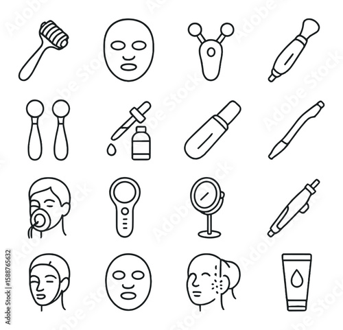 Facial treatment icon collection. beauty care linear icons: mask, serum, brush, mirror, therapy vector icons.