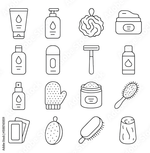 Body care icon collection. personal hygiene linear style. lotion, cream, soap, razor, brush vector icons.