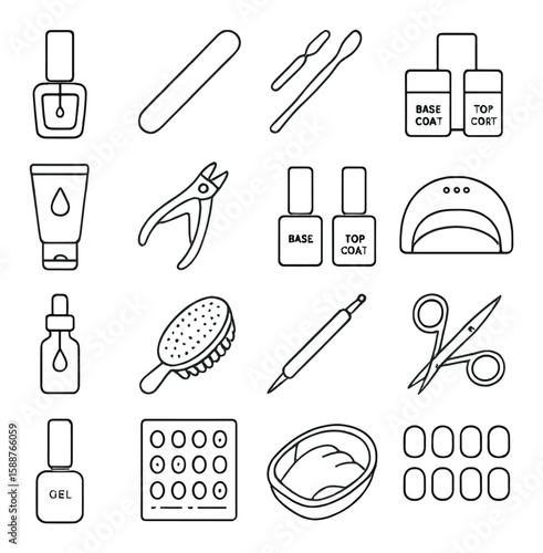 Nail care icon collection. manicure pedicure simple icons: polish, file, clipper, gel, brush vector icons.