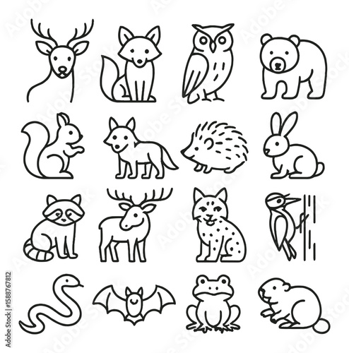 Forest wildlife icon collection. deer, fox, owl, bear, squirrel, lynx, flat style vector icons.