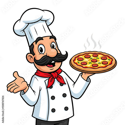 Happy cartoon chef presenting a delicious pepperoni pizza isolated on transparent background