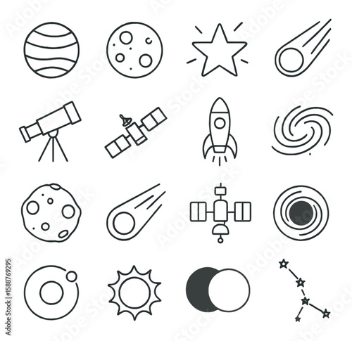 Celestial icon collection: simple space and astronomy symbols. moon, star, rocket, telescope vector icons.