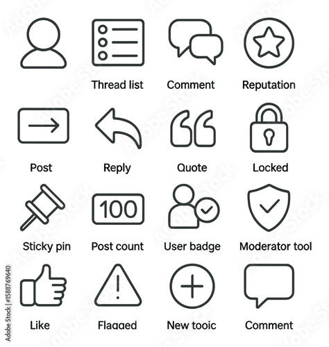 Forum icon collection. simple forum interface icons: thread, comment, reputation, post, reply, badge, vector icons