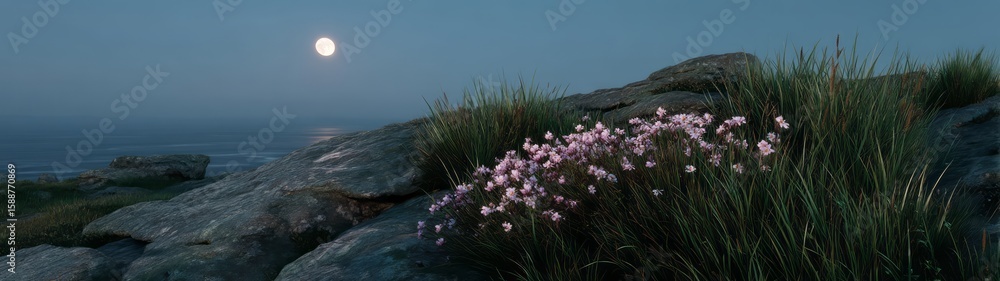 Obraz premium Moonlit coastal flowers hdr 360 degrees panoramic view nature landscape environment