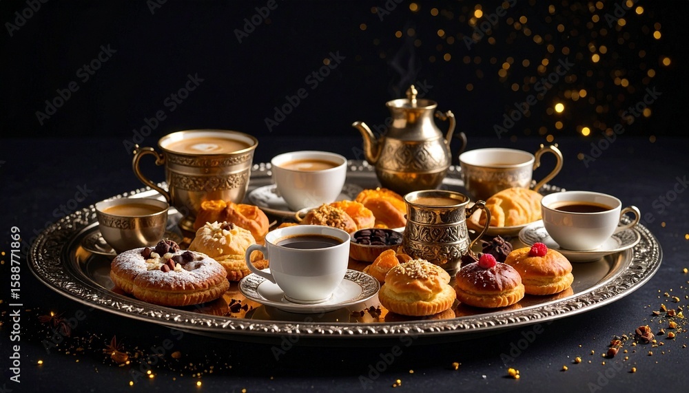 Fototapeta premium Midnight Feast: A polished silver tray with steaming espresso cups and fresh pastries, set against a matte black void, their rich textures popping under warm spotlight