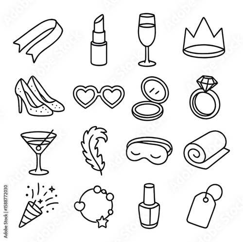 Bachelorette party icon collection. celebration simple line art. ring, crown, lipstick, glass, mask vector icons.