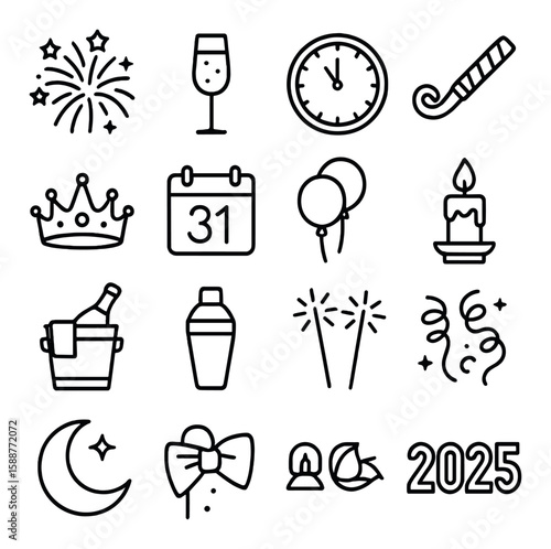 New year's eve icon collection. celebration elements linear style. fireworks, champagne, clock, party, vector icons.