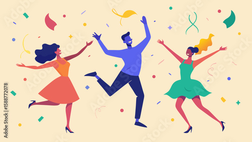 Three diverse people joyfully dancing and celebrating with confetti and streamers