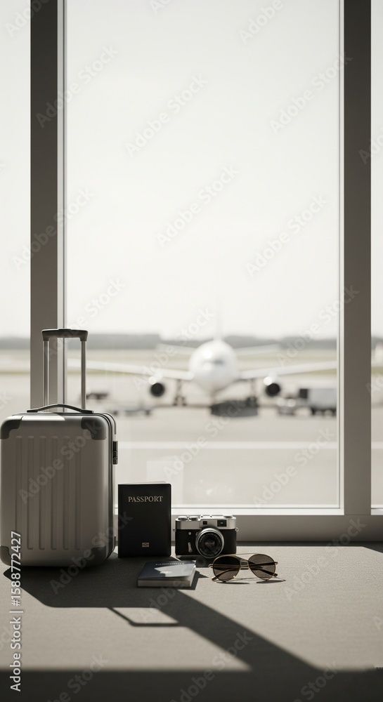 Fototapeta premium Travel flat lay with suitcase, passport, camera, and sunglasses in front of airport window 