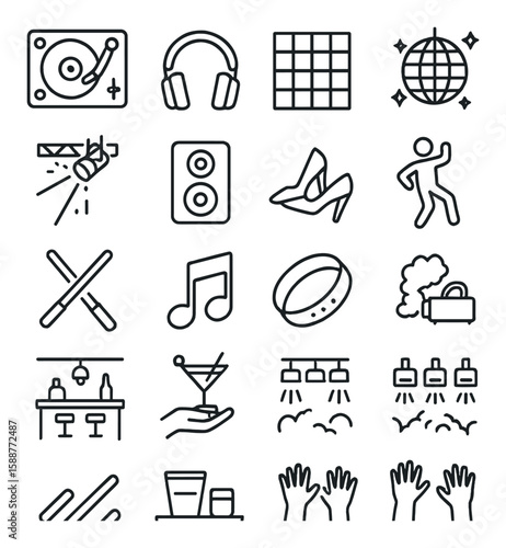 Club night icon collection. celebrate nightlife with simple line style icons: dj, disco, dance, music, lights vector icons.