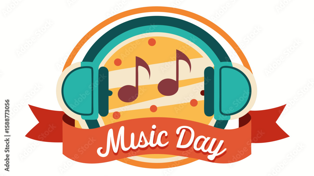Naklejka premium Retro style headphones with musical notes and ribbon celebrating music day