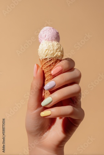 Colorful ice cream cones held by a hand with stylish pastel nail polish in a sunny location