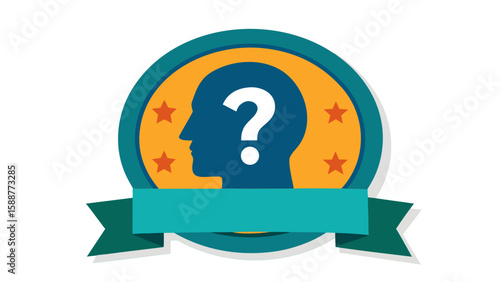 Question mark inside silhouette of a head with stars and ribbon